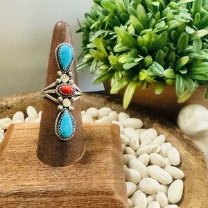 Native American Turquoise and Coral Stone Sterling Silver Knuckle Duster Ring